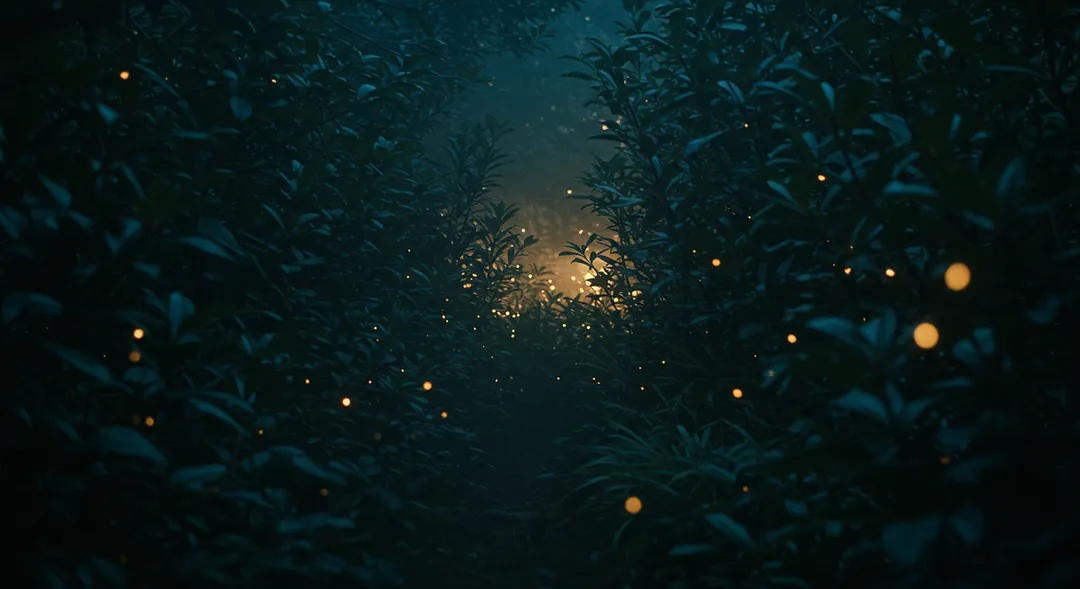 Golden light at the end of a moonlit night garden, fireflies among dark leaves