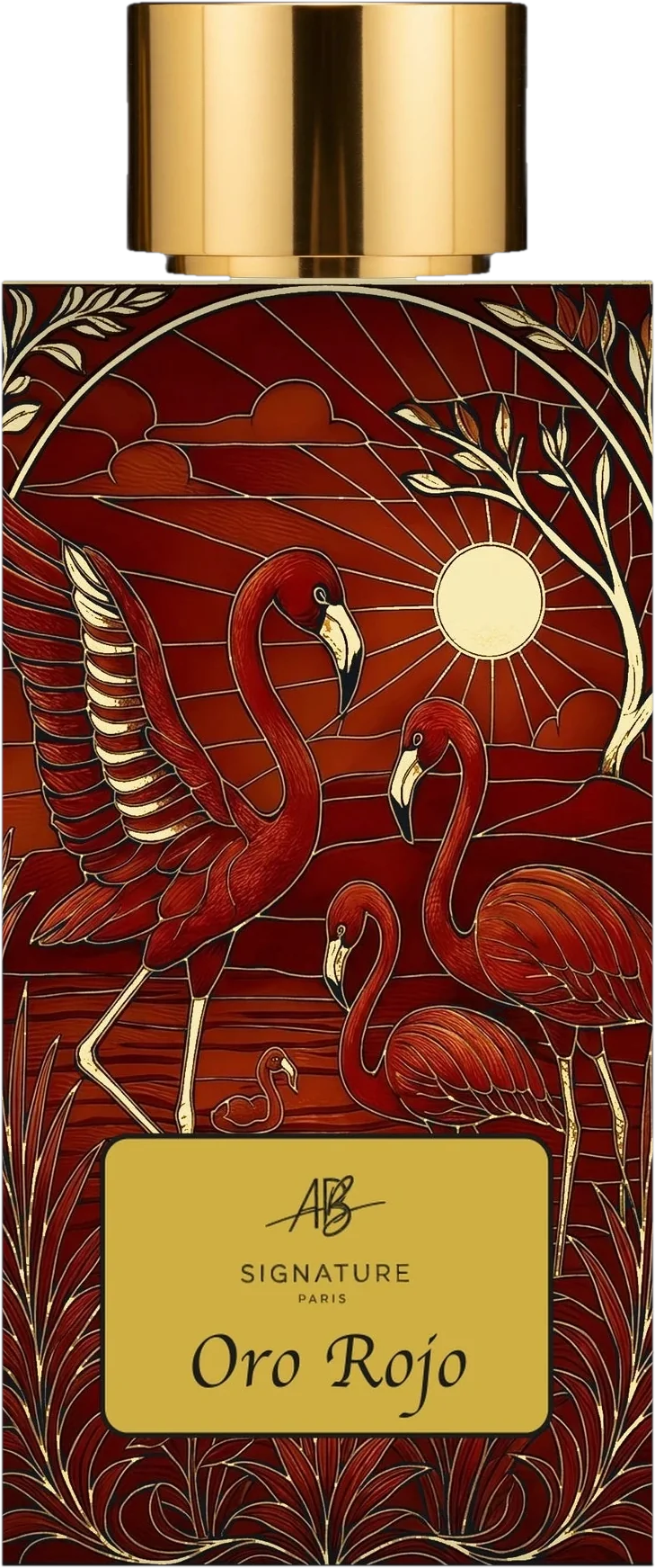 Oro Rojo by AB Signature Paris — engraved 50 ml extrait bottle, Aruba sunset scene with flamingos and golden arch